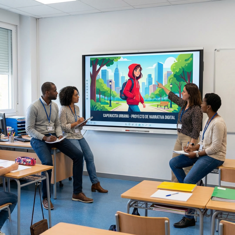 Teachers discuss a digital narrative project titled 'Caperucita Urbana' displayed on a large interactive screen.